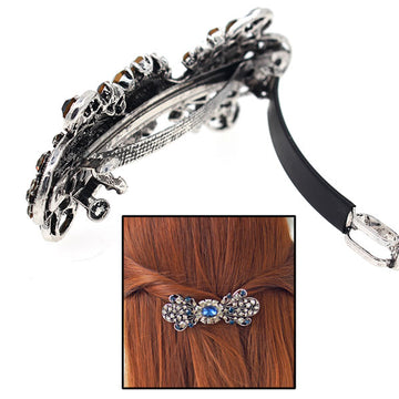 Vintage Filigree Bow Hair Barrette w/ Rhinestones Burgundy